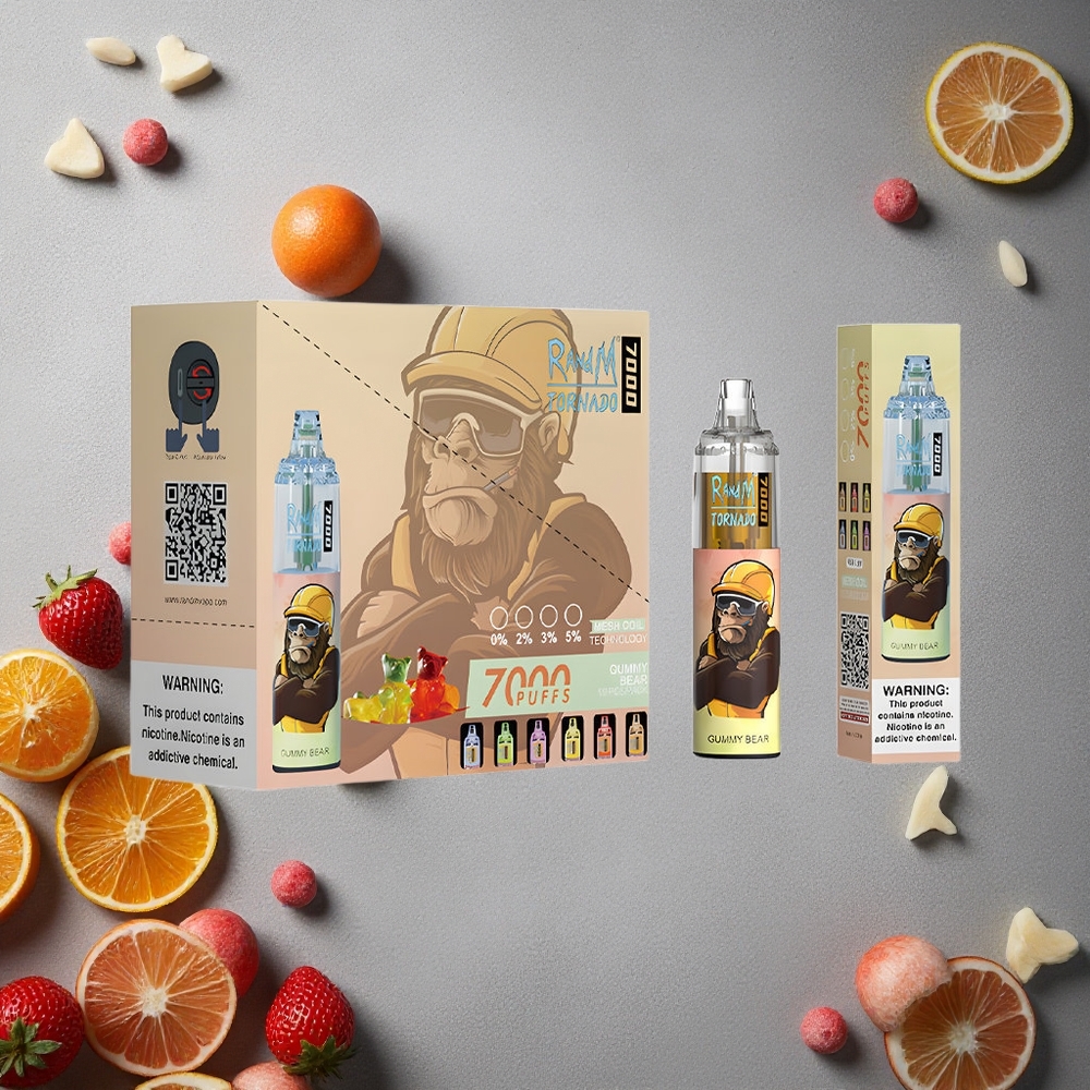 RandM Fumot Tornado 7000 Puffs Gummy Karhu-maisuus Finland wholesale 14 ML E-neste Mesh-käämi