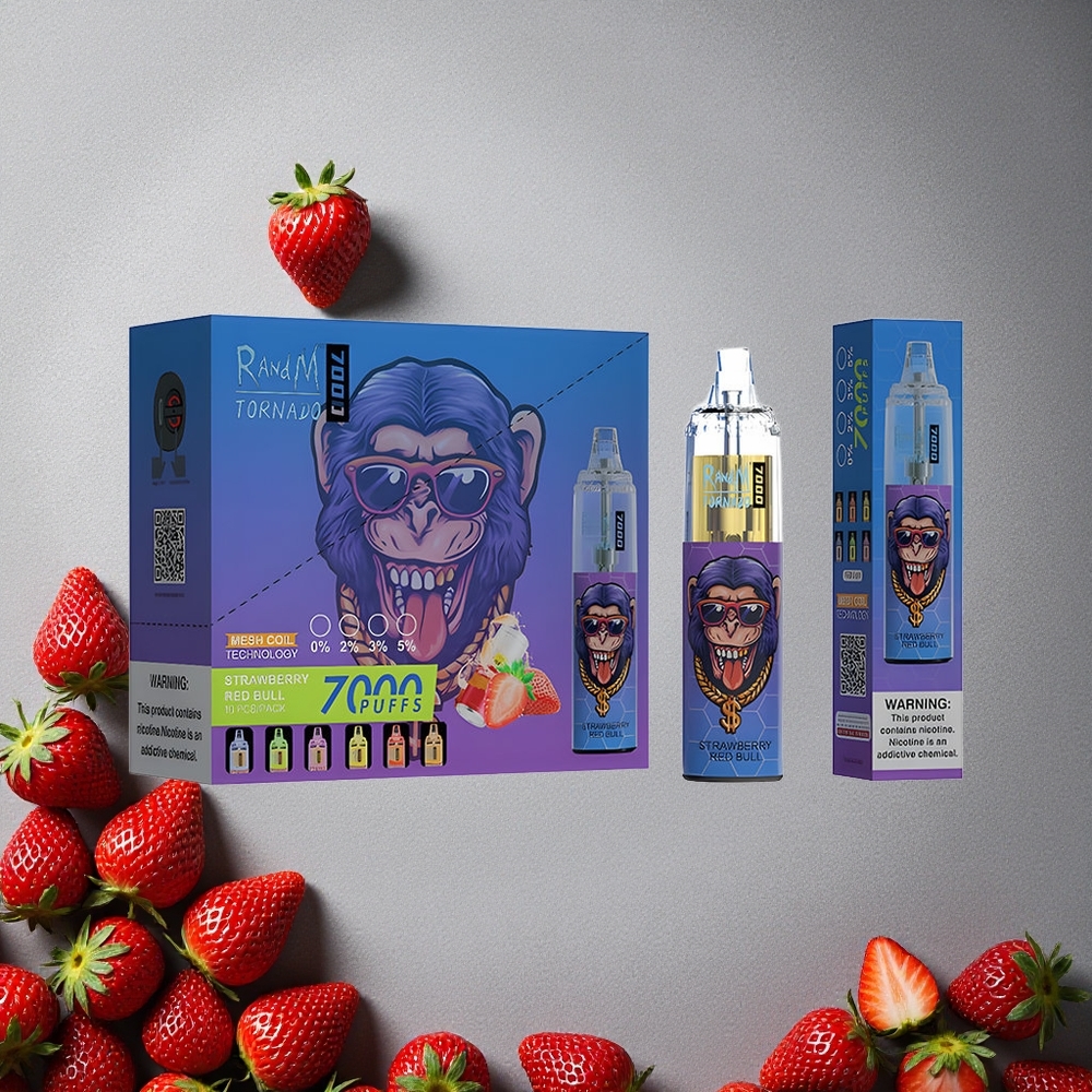 RandM Fumot Tornado 7000 Puffs Kertakäyttöinen Vape Mansikka Red Bull Finland wholesale 14 ML E-neste