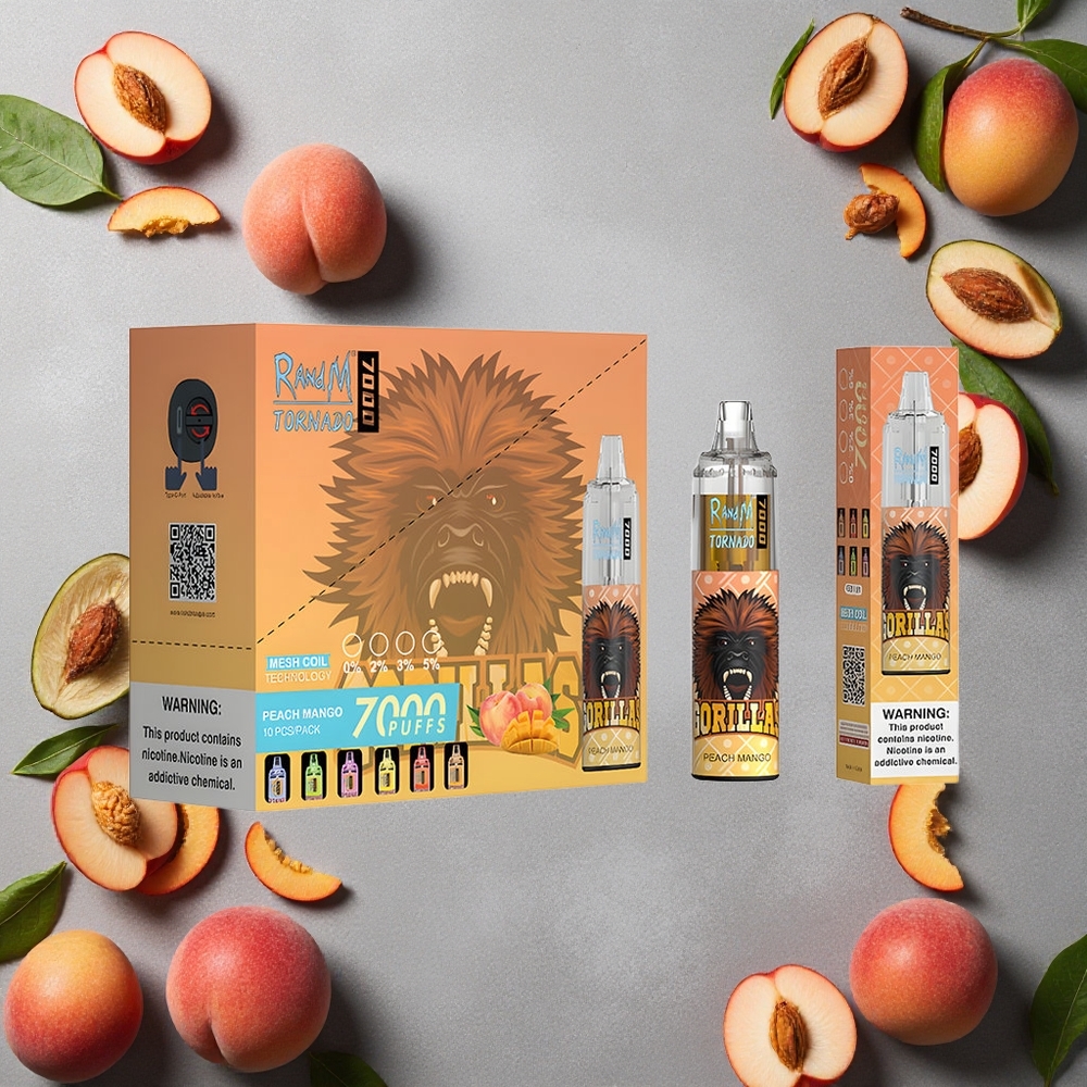 RandM Fumot Tornado 7000 Puffs Kertakäyttöinen Vape Persikka Mango Finland wholesale 14 ML E-neste Mesh-käämi