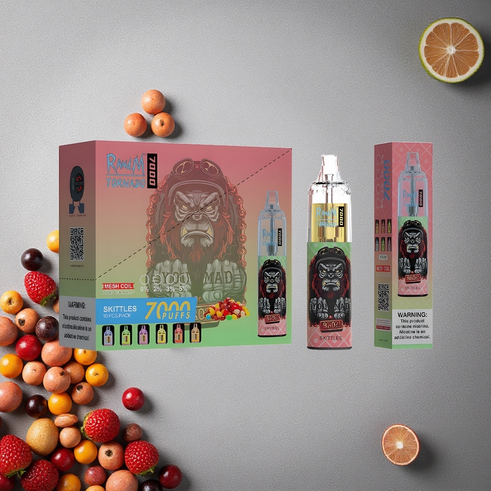RandM Fumot Tornado 7000 Puffs Kertakäyttöinen Vape Skittles-maisuus Finland wholesale 14 ML Nestettä Mesh-käämi