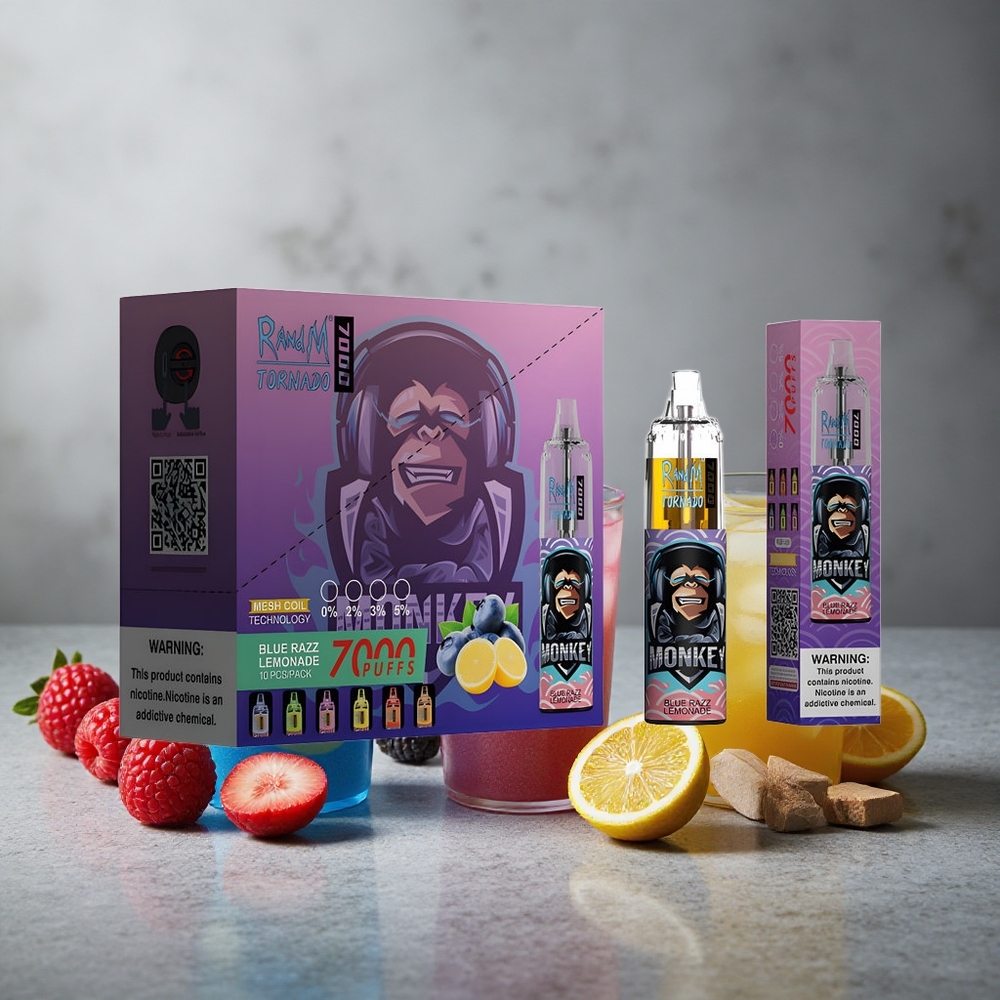 RandM Fumot Tornado 7000 Puffs Sininen Vadelma-Limonadi Finland wholesale Mesh Käämi ja Type-C Portti