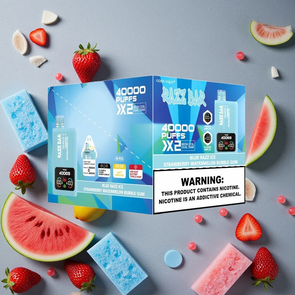 Razz Bar 40000 Puffs Sininen Vadelma-Jäämansikka-Vesimeloni-Kuplakumi Finland wholesale Näyttö & Type-C