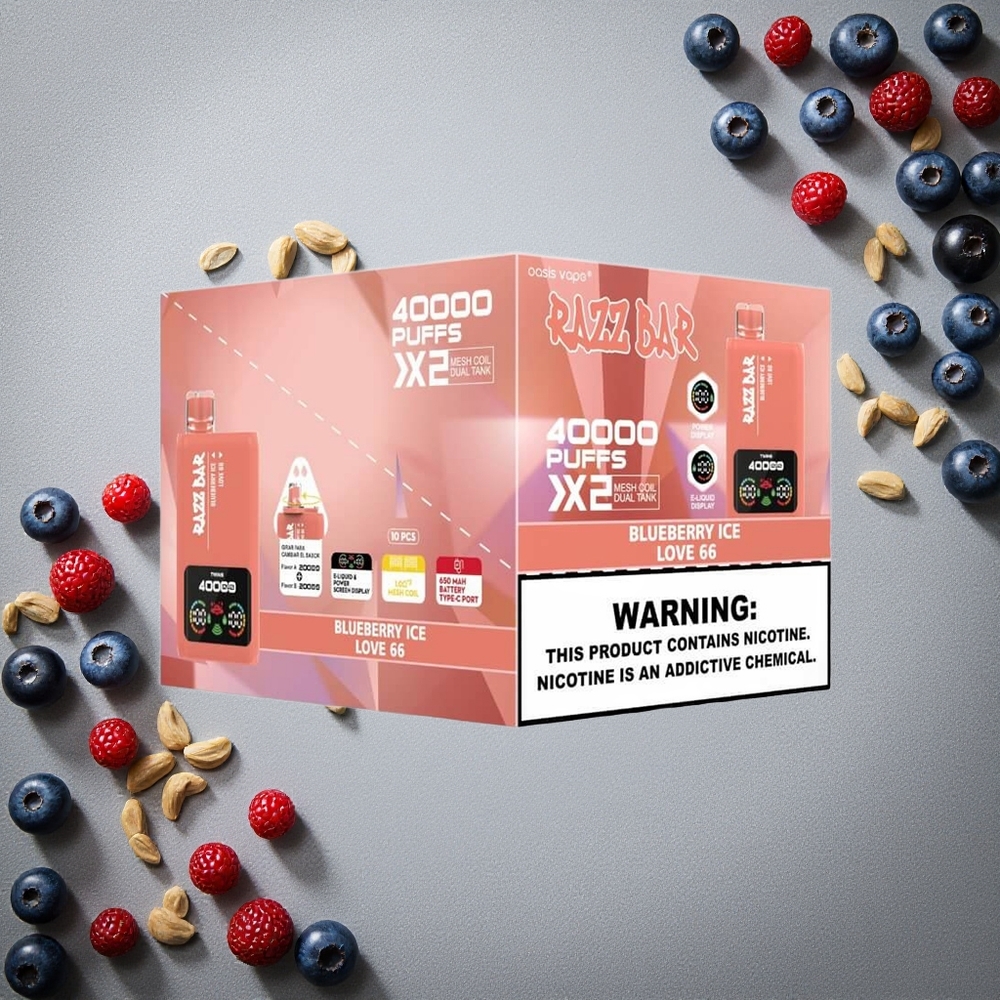 Razz Bar 40000 Puhallusta Kertakäyttöinen Vape Mustikkajää_Love 66 Finland wholesale Näyttö 2%,5% Nikotiinia