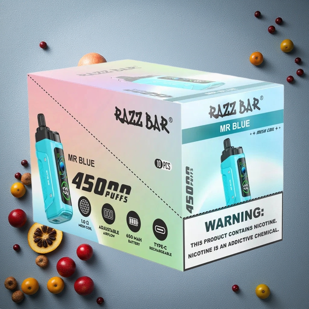 Razz Bar 45000 Puffs Kertakäyttöinen Vape Mr Sininen ja vadelma Finland wholesale 1.0 Ohm Mesh Coil
