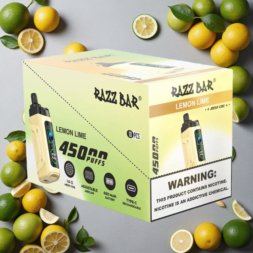 Razz Bar 45000 Puffs Kertakäyttöinen Vape Sitruuna-Lime ja Vadelma Finland wholesale 1.0 Ohm Mesh Coil 650 Mah Akku