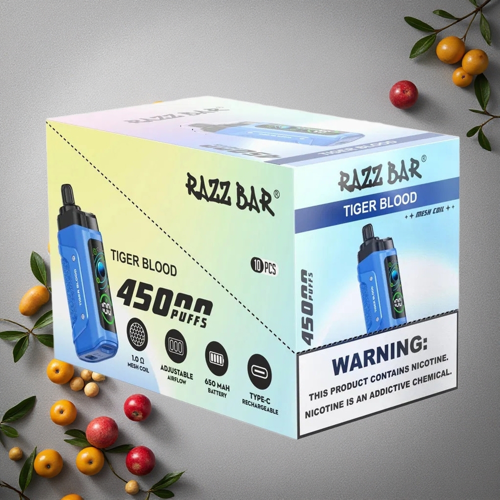 Razz Bar 45000 Puffs Kertakäyttöinen Vape Tiikeriveri Finland wholesale 1.0 Ohm Mesh Coil 650 mAh Akku