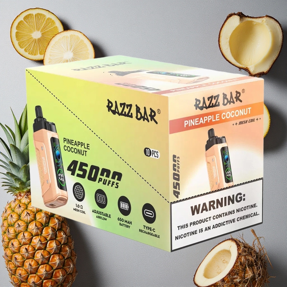 Razz Bar 45000 Puhallusta Ananas-Kookospähkinä Kertakäyttöinen Vape 1.0 Ohm Mesh Coil Finland wholesale