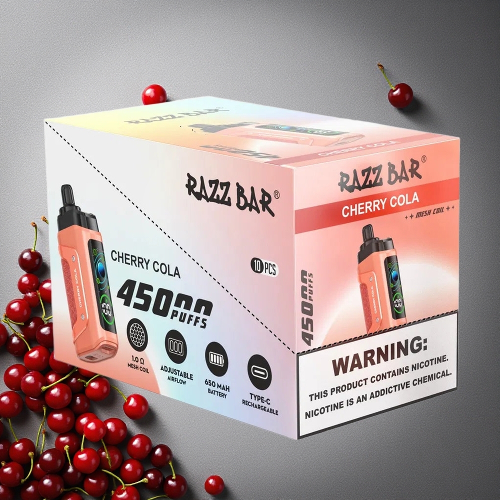 Razz Bar 45000 Puhallusta Kertakäyttöinen Vape Kirsikka-Kola Finland wholesale 1.0 Ohm Mesh Coil Type-C Lataus