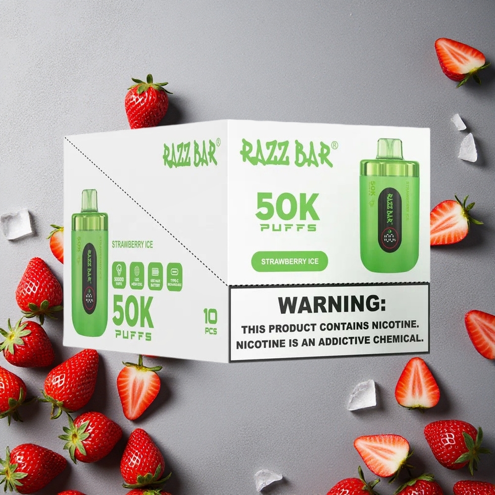 Razz Bar 50K Puffs Kertakäyttöinen Vape Mansikka-Jää Finland wholesale 1.0 Ohm Mesh Coil 650 mAh Akku