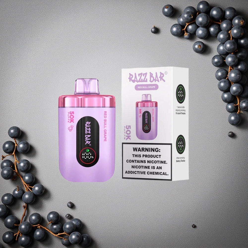 Razz Bar 50K Puffs Kertakäyttöinen Vape Punainen Härkä Viinirypäle & Vadelma Finland wholesale 650 mAh Akku