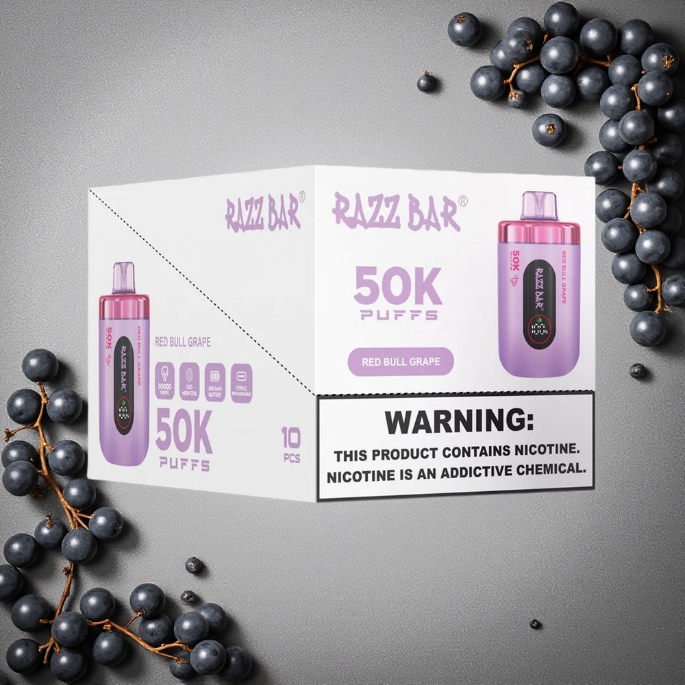 Razz Bar 50K Puffs Kertakäyttöinen Vape Punainen Härkä Viinirypäle & Vadelma Finland wholesale 650 mAh Akku