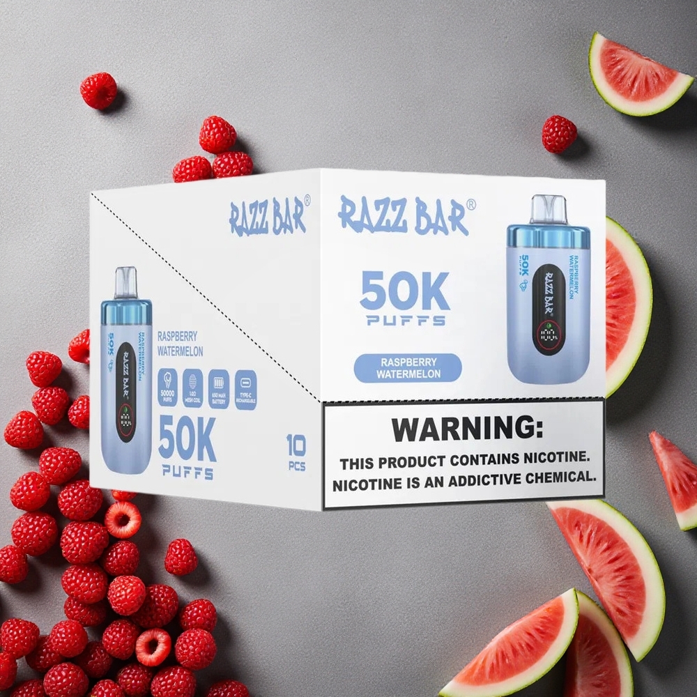 Razz Bar 50K Puffs Kertakäyttöinen Vape Vadelma-Arbuusi Finland wholesale 1.0 Ohm Mesh Coil 650 mAh Akku